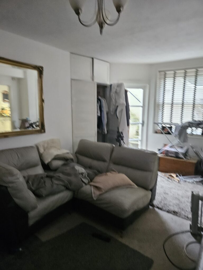Property for sale by Auction This Brighton BN3 investment apartment, available for sale by auction, features a cozy living room with a gray sofa, pillows, and a blanket. A large mirror adorns the wall beside an open wardrobe. Natural light pours through vertical blinds, highlighting an exercise machine and cozy clutter in the corner. Presented by World of Auctions