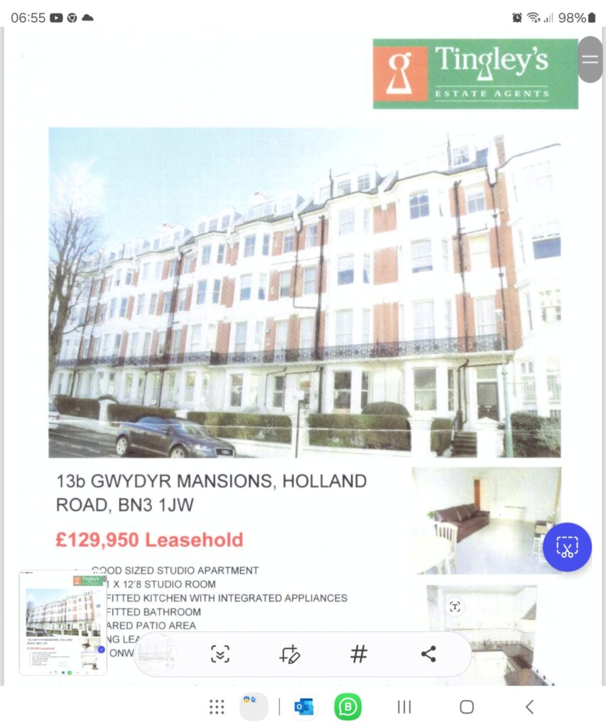 Property for sale by Auction Image of a real estate listing for an investment apartment at 13b Gwydyr Mansions, Holland Road, Brighton BN3 1JW. Priced at £129,950 leasehold and for sale by auction, it features a studio room, kitchen, bathroom, and patio area in a multi-story building. Presented by World of Auctions