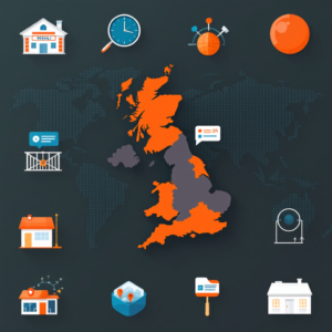 Property for sale by Auction An illustration of the United Kingdom, highlighted in orange on a world map, surrounded by icons like houses and chat bubbles. These represent the wave of real estate investments due to global interest rate cuts, reflecting impacts on communication and navigation within the auction industry. Presented by World of Auctions