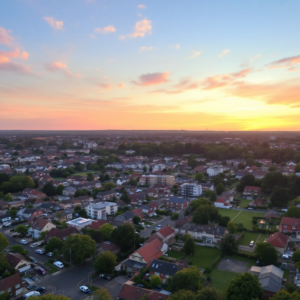Property for sale by Auction Aerial view of a suburban neighborhood at sunset. Rows of houses with green lawns are visible, surrounded by trees. In the golden glow, there's anticipation in the air for an upcoming property auction as February 2025 unfolds against a pink and orange sky. Presented by World of Auctions